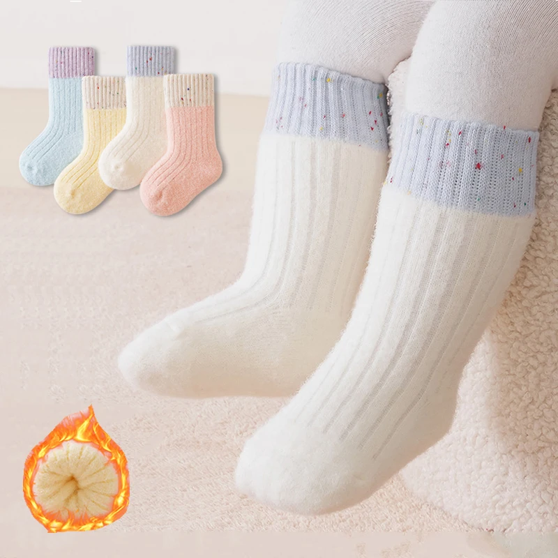 Soft Fuzzy Baby Socks Winter Thick Warm Child Socks Speckled Cuff Kids Girls Socks Color Block Infant Toddler Girls Socks