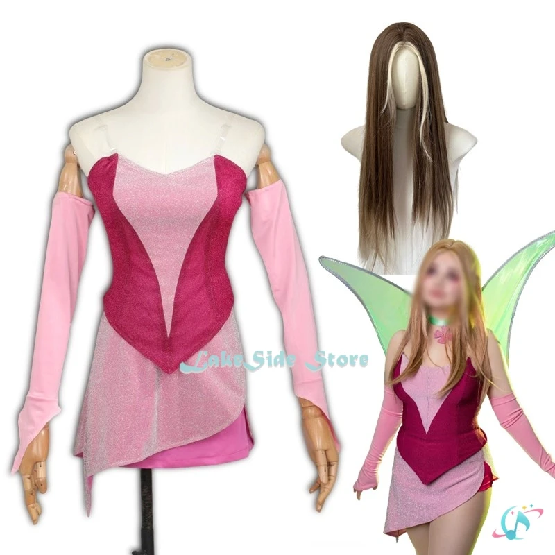 

Костюм для косплея принцессы Флоры из аниме Win S9, розовый блестящий наряд, ручная работа, костюм эльфийской девушки для взрослых, карнавальная одежда, парик