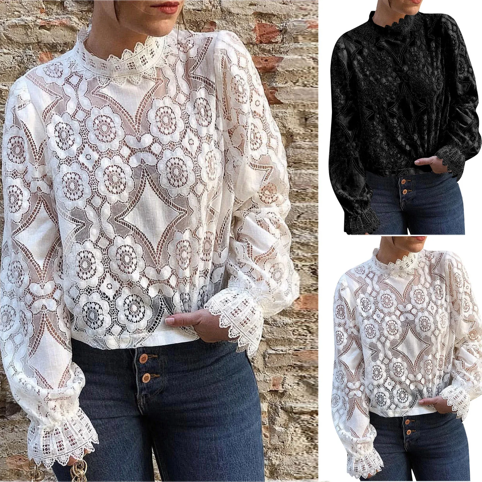 Y2k Clothes Women\'S Casual All- See-Through Long-Sleeved Stand-Up Lace Shirt Ropa