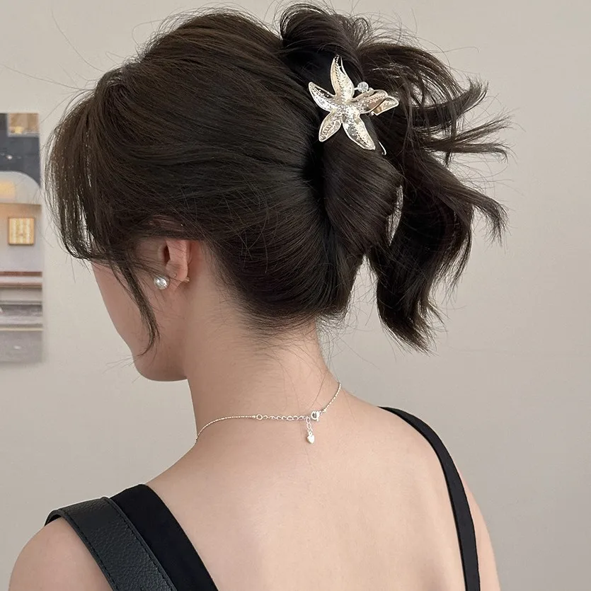 

Premium Medium Starfish Shark Hair Clip with Rhinestone Pearl Unique Design for Women Back Head Updo Daily