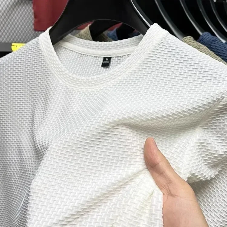 Men's Short Sleeve Mesh Bamboo Ice Silk T-shirt Casual Versatile Summer Elastic Slimming Top for Men