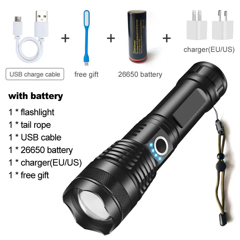 BS P50 Powerful LED Flashlight 26650 USB Rechargeable Portable Outdoor Tactical Hunting Police Torch Waterproof Lantern Zoom