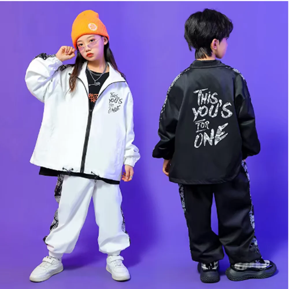 Kinder Street Dance Anzug Kinder Hip Hop Tanz Kleidung Jungen Mädchen Langarm Dancewear Jacke Hosen Sportswear Schwarz Weiß