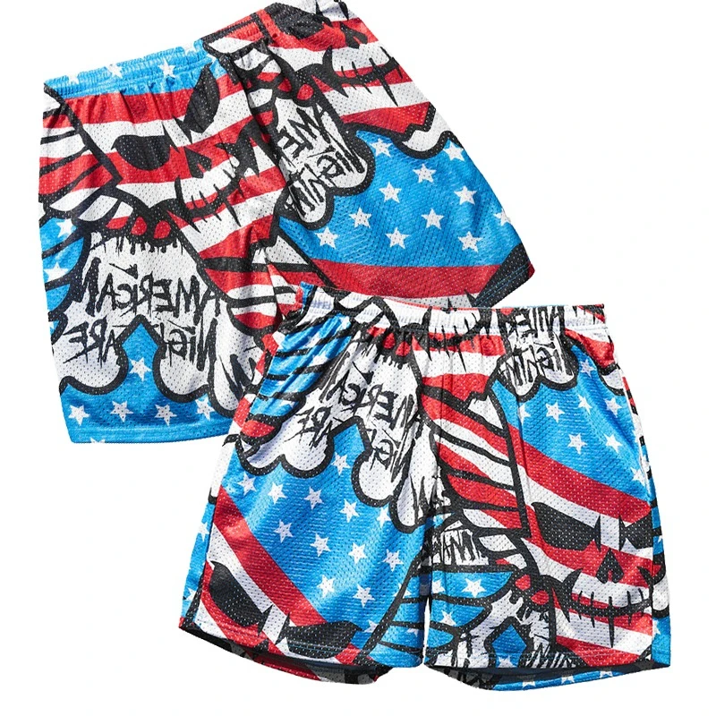 Summer Hot Selling Men Skull Graffiti Full Print Mesh Basketball Shorts Quick Dry Breathable Punk Sports Five Point Shorts
