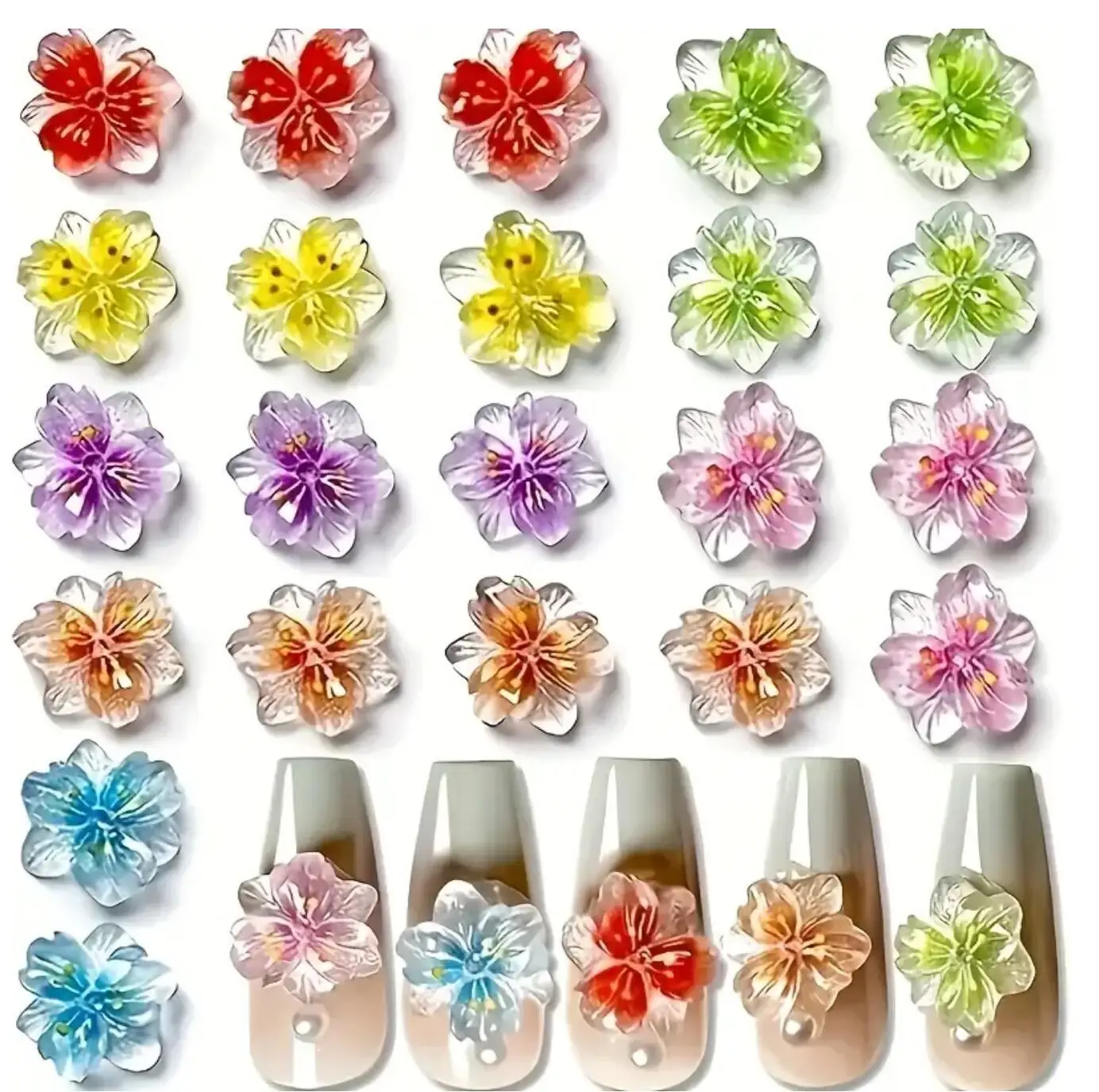 50Pcs/lot 3D Mixed Gradient Blossom Cherry Flowers Nail Charms Colorful Summer Soft Gel Cherry Nail Art Resin Floret Nail Parts