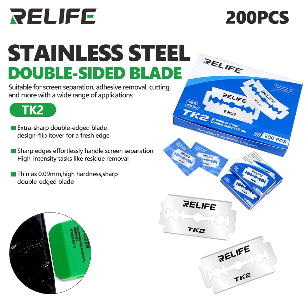 

RELIFE TK2 Stainless Steel Double-Edged Blades 200PCS for Mobile Phone Repair Screen Separation Adhesive Removal Cutting Tool