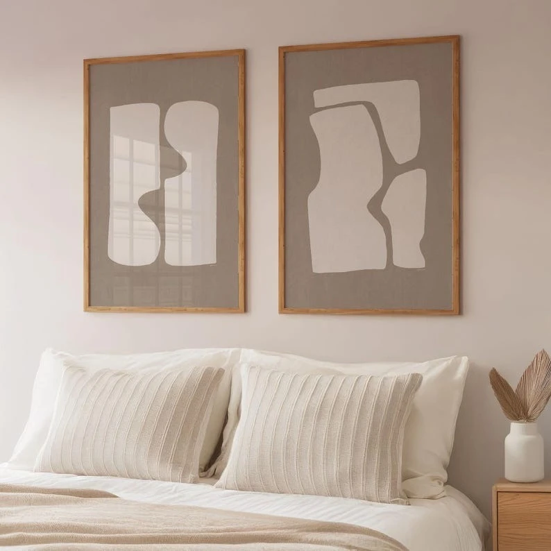 2 Stück rahmenlos, 2 Stück moderne abstrakte Kunstdrucke auf Leinwand in Beige & Braun, ungerahmtes skandinavisches modernes Poster für Wohnzimmer und Schlafzimmer.
