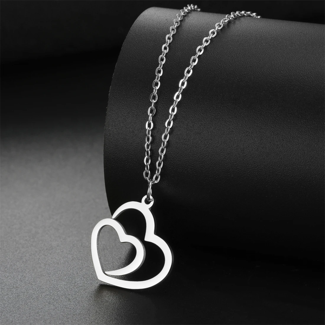 Eueavan Hohl Doppel Herz Halskette Für Frauen Edelstahl Romantische Liebe Symbol Anhänger Kette Engagement Schmuck Geschenk – Detail 7