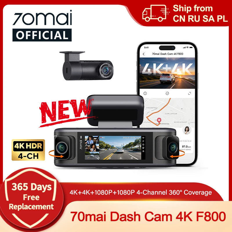 【New】70mai F800 Dash Cam 4-Channel 360° Front Rear Left Right WiFi6 GPS 4K+4K+1K+1K Supercapacitor 24H Parking 4-in-1 Car Camera