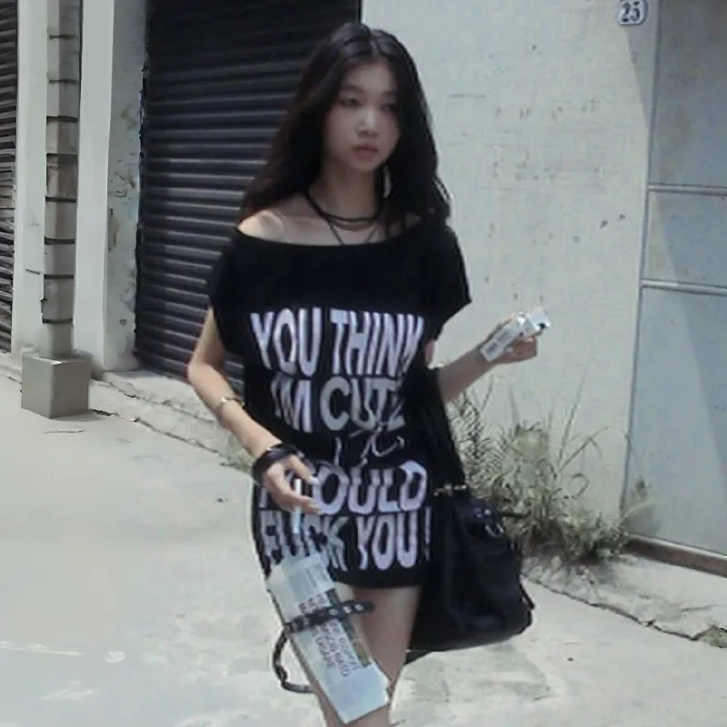 Karrcat Grunge Aesthetics Off Shoulder Long T-shirt Trashy Y2k Letter Print Oversized Tshirt Vintage Punk Irregular Top American