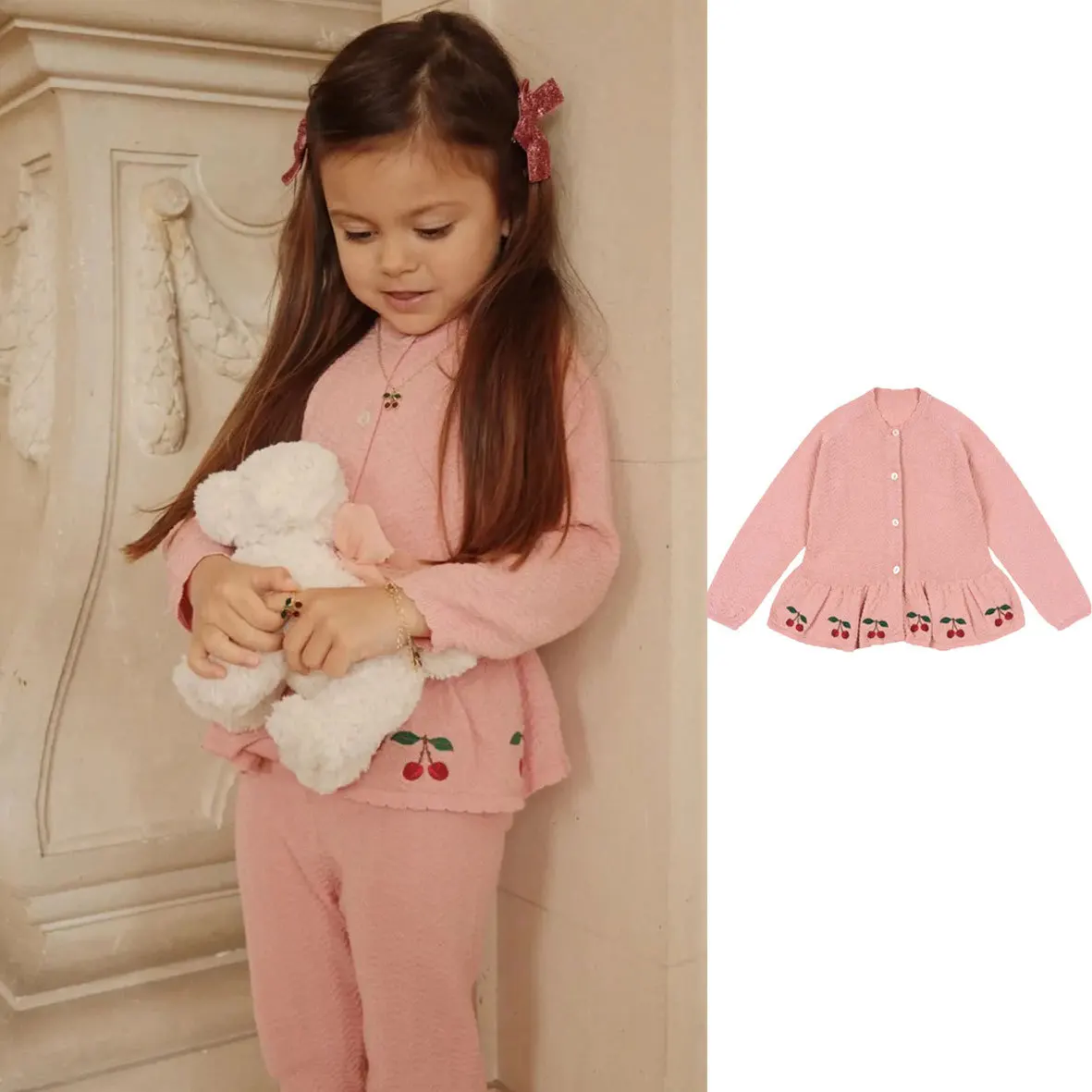 

Girls Sweater 2025 Autumn and Winter New Children's Cute Cherry Embroidered Cardigan Knit Sweater