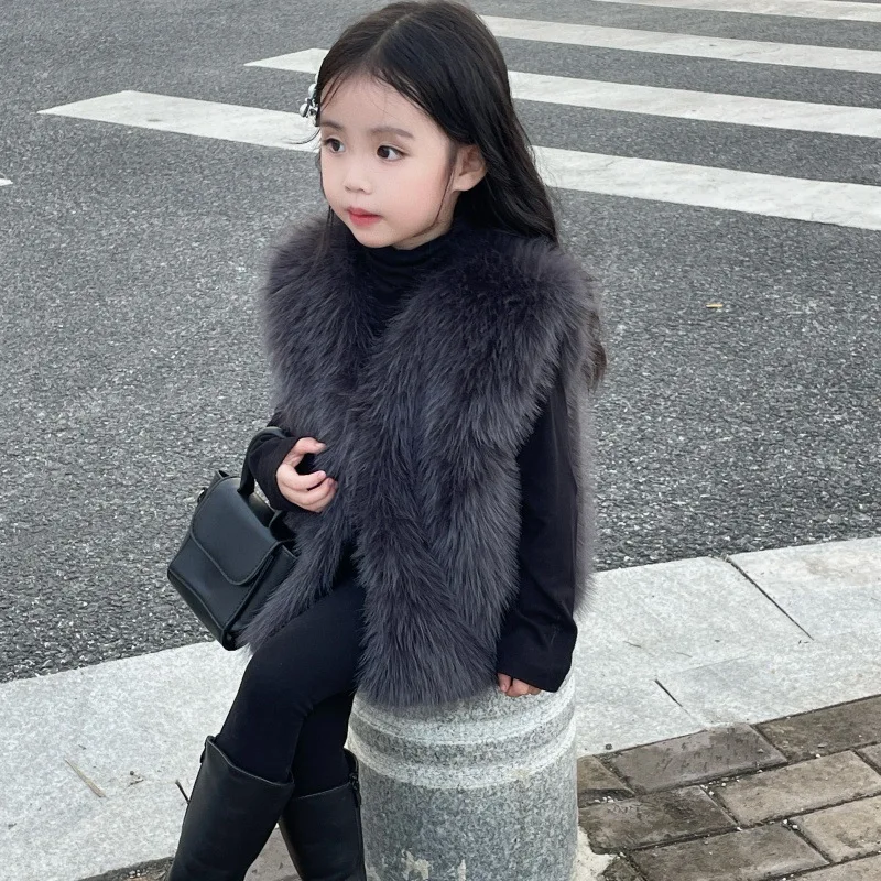 

Новинка 2023 года, детская меховая куртка для девочек, жилет из искусственного лисьего меха, детское пальто без рукавов для подростков, модная серая, бежевая верхняя одежда