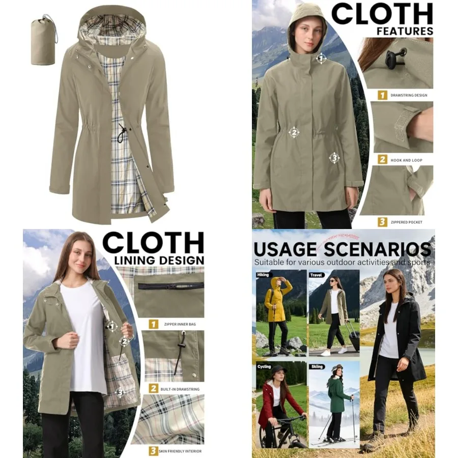 

iCreek Women's Rain Jacket Packable Long Raincoat Hooded Plaid Lined Trench Coat Waterproof Windproof Lightweight for Outdoor