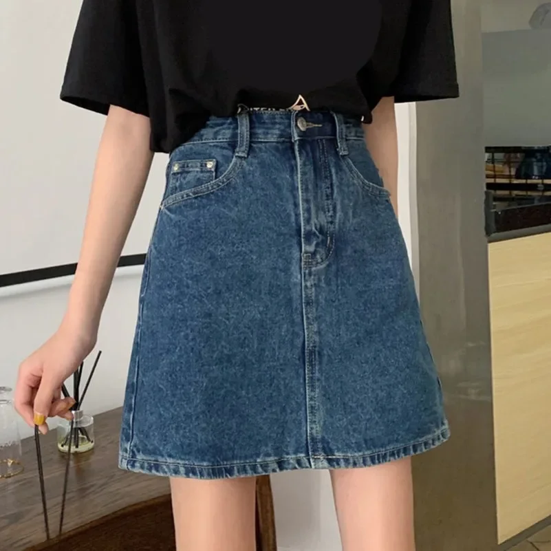 

Summer Women Vintage Denim Skirts Korean Fashion High-Waisted Slim Mini Skirt Elegant All-Match A- Line Bodycon Skirt MOKIJINS