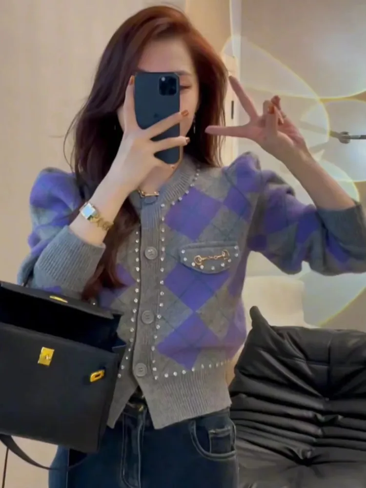 New Purple Argyle Knitted Sweater Spring Autumn Long Puff Sleeve Single Breasted Cardigan Korean Fashion Diamond Short Knit Tops