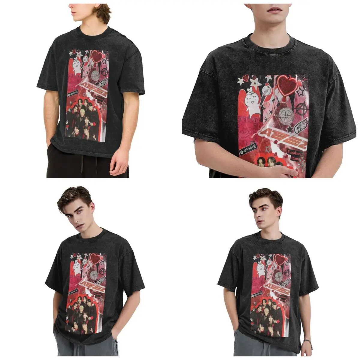 Streetwear T-Shirts Kpop Star Singer Idol ATEEZ ATINY   Washed T Shirt Short Sleeve Hip Hop T-Shirt Tops Tees for Men Women