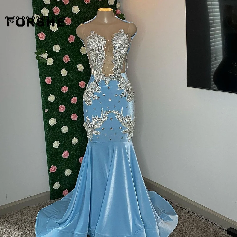 

Gorgeous Rhinestone Prom Dresses Light Blue Sparkly Beading Velvet Black Girl Mermaid Party Gala Gown Graduation Wear Customized