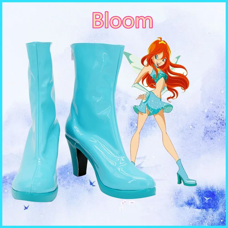 WinClub Bloom Cosplay Costume Shoes Blue Handmade Faux Leather Boots