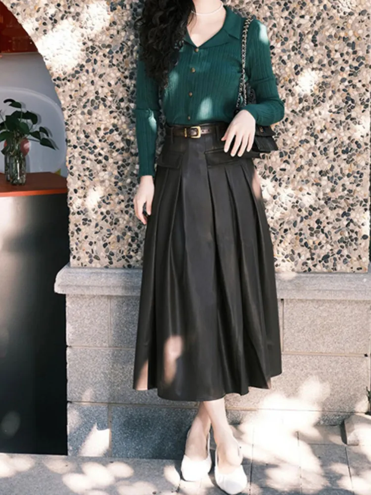 

Женский вязаный комплект Long Sve в Корейском стиле в стиле ретро, цвет OOTD, юбка с высокой талией, модная повседневная одежда