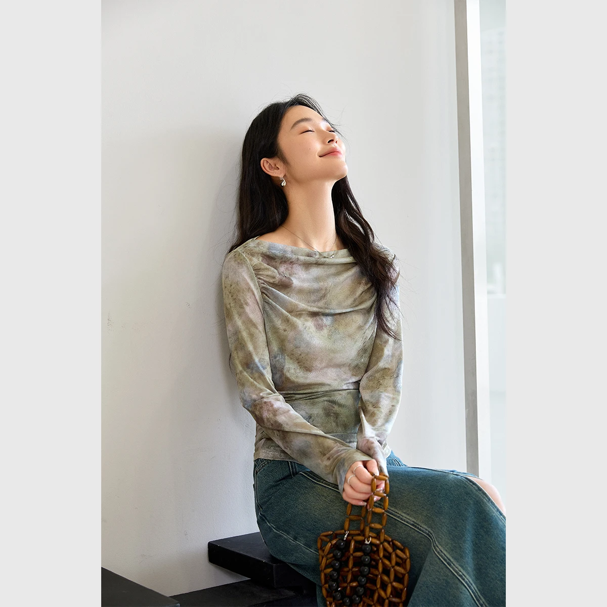 VIMLY vrouwen Gedrukt Mesh T-shirt Dames Elegante Tops 2025 Mode Slim-fit Lange Mouw T-shirt voor Vrouw kleding A0085