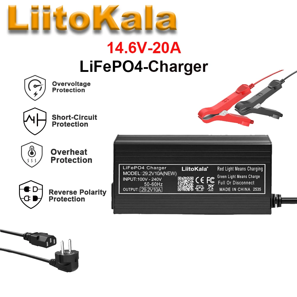 Liitokala 14.6V 20A LiFePO4 Charger 12V with Alligator Clips, AC100-240V Input for 4S Charger LiFePO4 12V