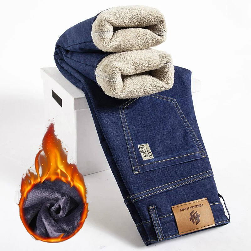 

Men Winter Fleece Lined Thickened Warm Jeans Male Fashion Loose Straight Denim Pants Smart Casual Slim Fit Blue-Black Trousers