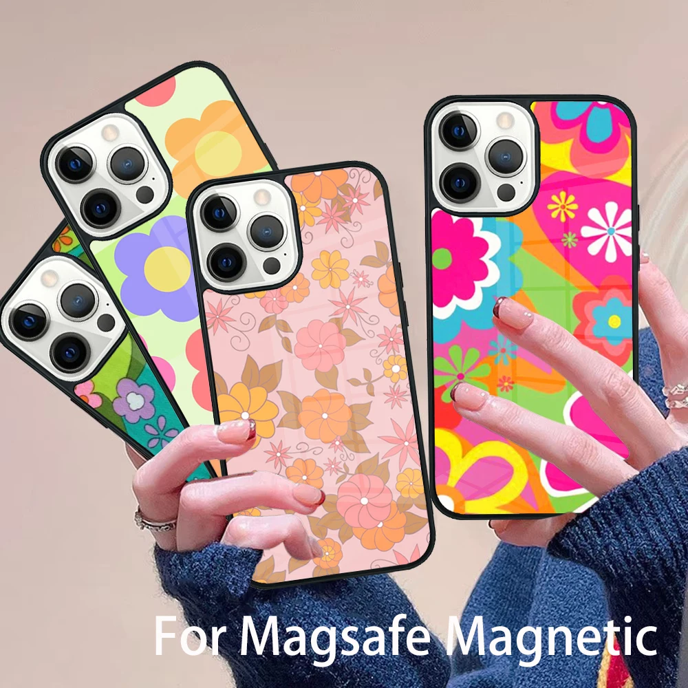 

Groovy Flowers Hippie Bohemian Floral Retro Phone Case Magesafe Magnetic Cover For IPhone 16 11 12 13 14 15 Pro Max Plus
