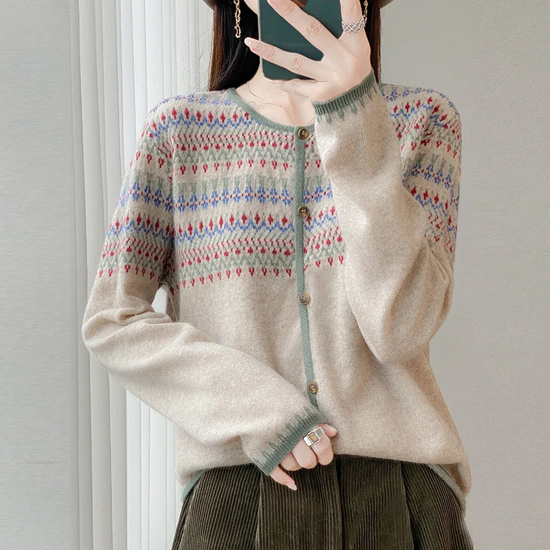 Fall/Winter New Retro Contrast Jacquard National Style Crewneck Wool Knitted Cardigan Women's Soft Waxy Comfortable Sweater