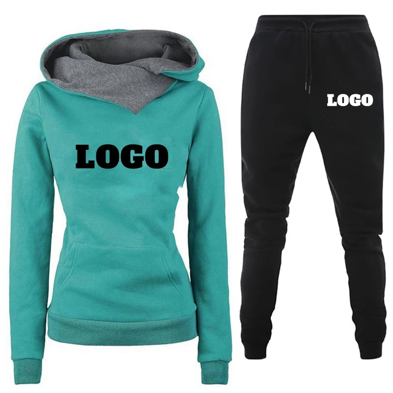 

Women's Custom Logo Tracksuits Hooded Pullover Sweatpants Sweatshirt Casual Pants Sets Sportswear Female Suits