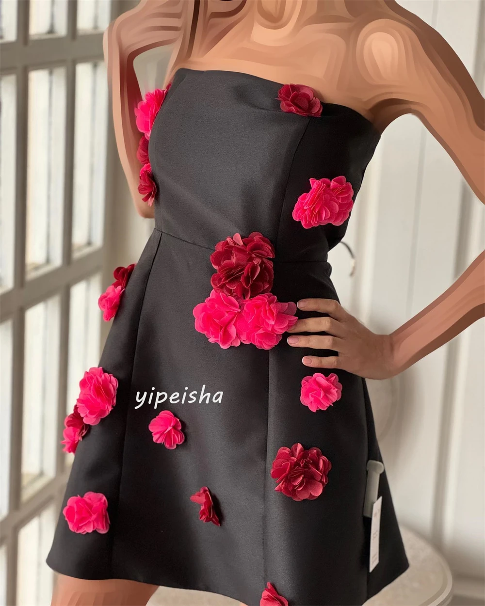 Customized Evening Satin Handmade Flower Formal Evening A-line Strapless Bespoke Occasion Gown Short Dresses Saudi Arabia