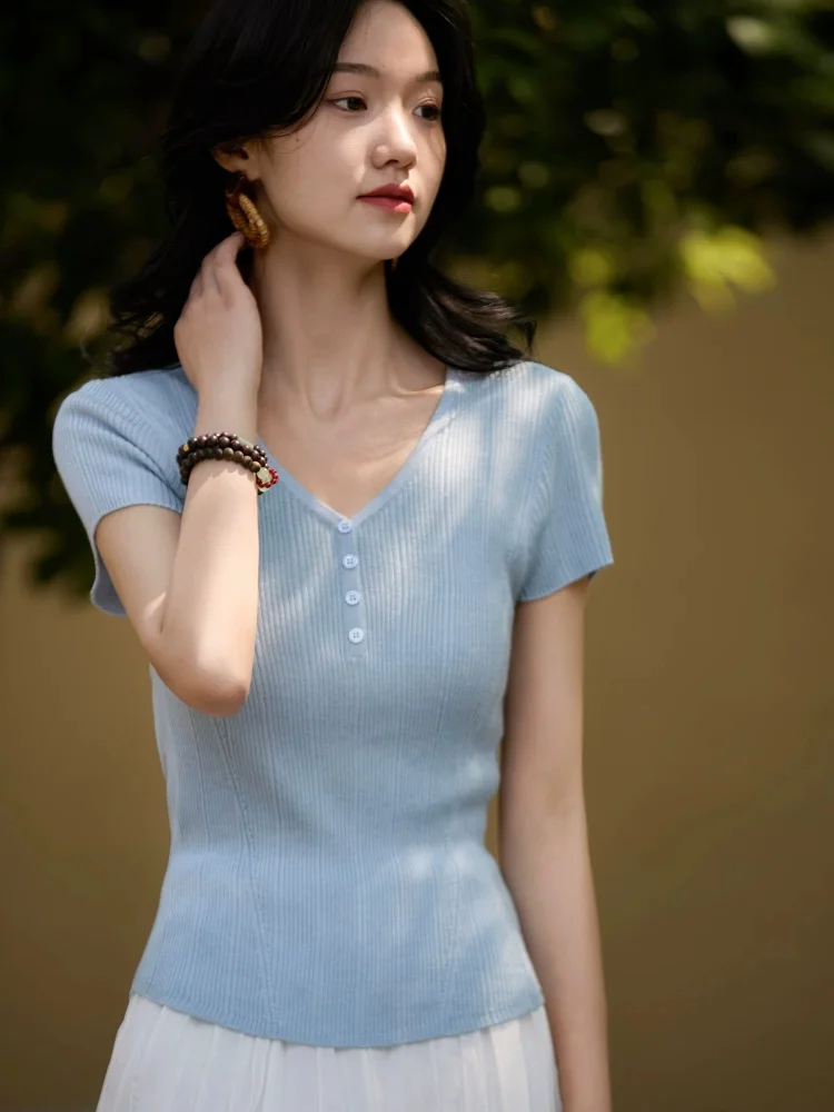 Birdtree, Silk Wool Blended Solid Tshirt, V-neck Short Sleeve Tops, Women's Knitted Thin Slim Shirt, 2026 Autumn New T67906JF
