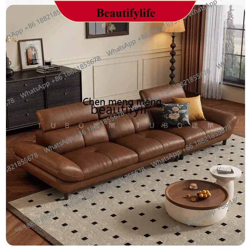 z183  Leather sofa retro living room straight row oil wax first layer cowhide folding function headrest