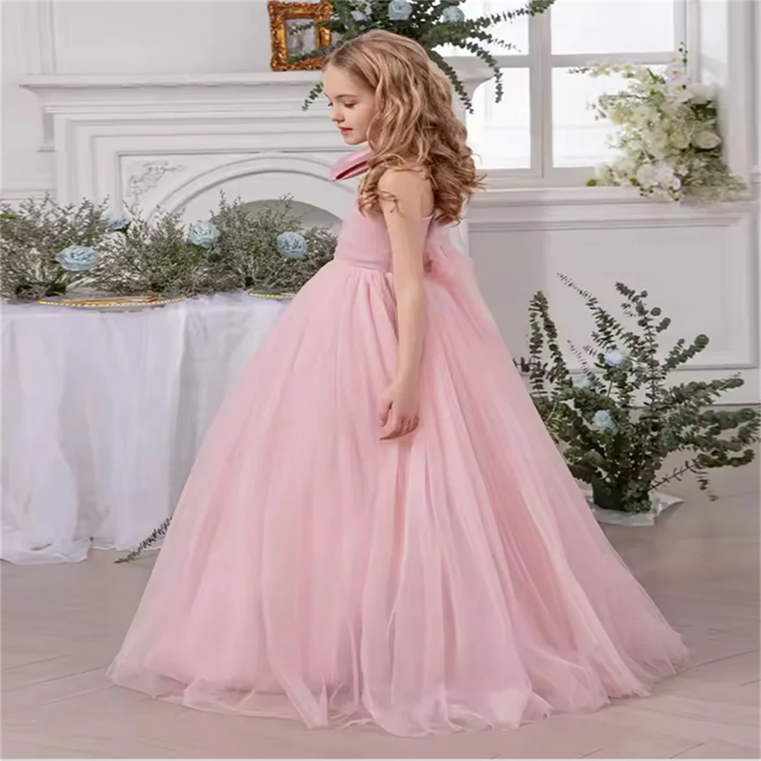 Vestidos de fiesta personalizados para niñas, vestido de fiesta de boda, vestidos rosas con lazo grande, vestido de princesa para niñas, vestido ceremonial para niñas