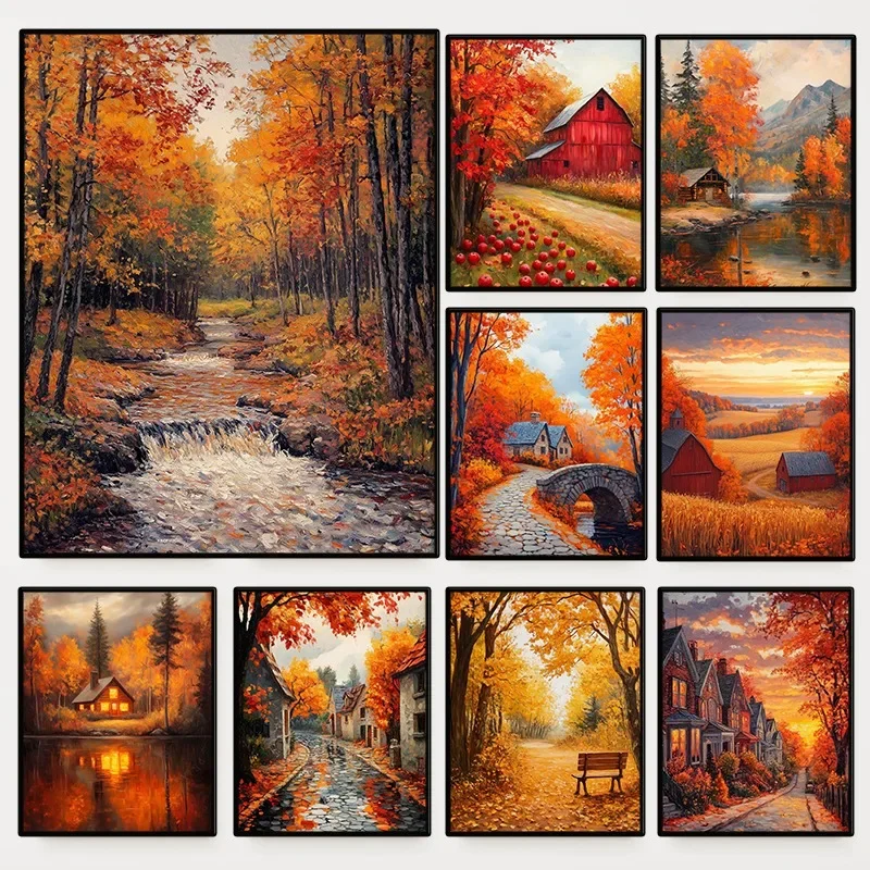 Herbstliche Naturlandschaft Poster Goldenes Feld Baum Wald Rustikale Herbstlandschaft Leinwandbild Wandkunst für Wohnzimmer Heimdekoration