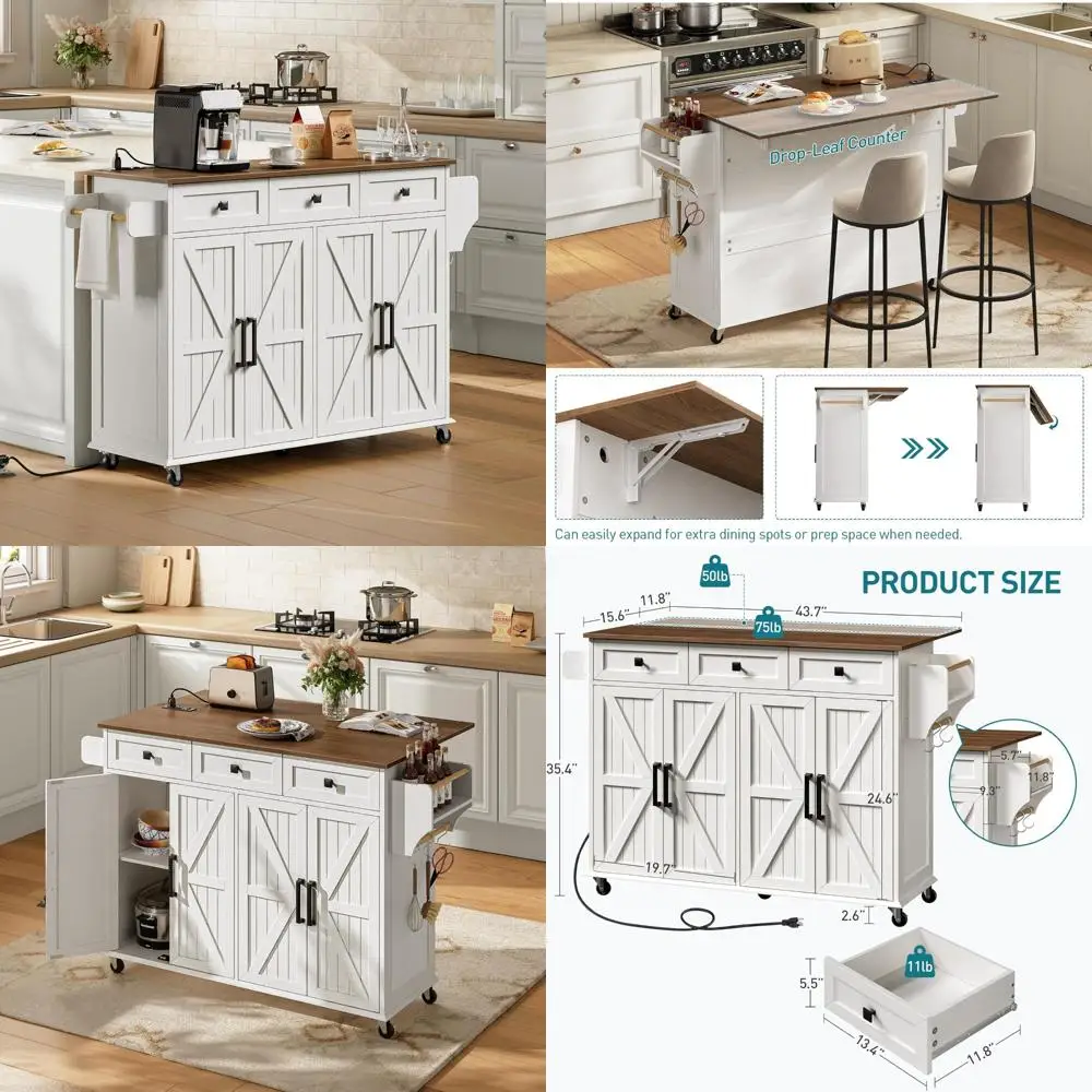 Kitchen Island with Drop Leaf, Kitchen Cart with Charging Station, Kitchen Table with Storage, Rolling Island Table with 3 Drawe