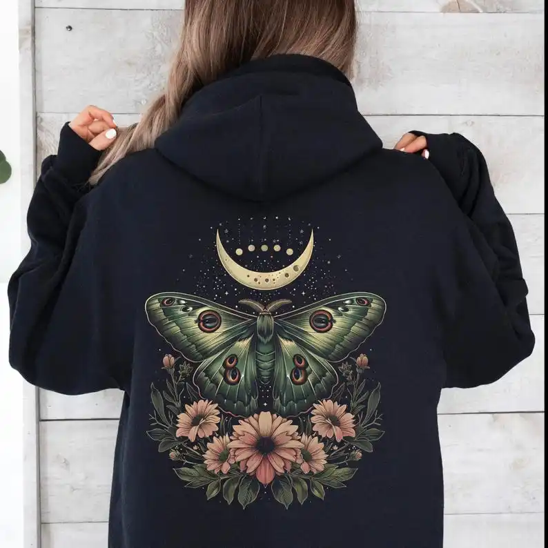 ‌Luna Moth Hoodie Long Sleeve Autumn Casual Cottagecore Sweatshirt Vintage Witchy Goblin Core Mystic Moon Nature Forest Tops
