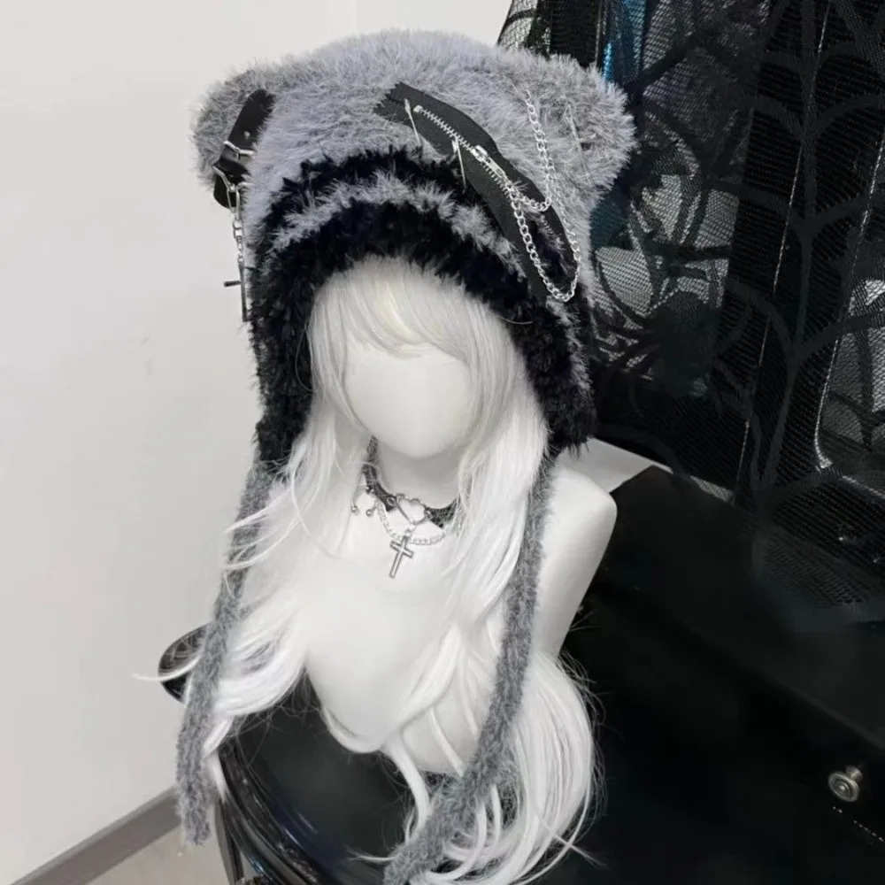 Cappello Harajuku gotico soffice e carino Cappello punk Lolita lavorato a maglia Cappello a cuffia stile Y2K con stella a croce in osso