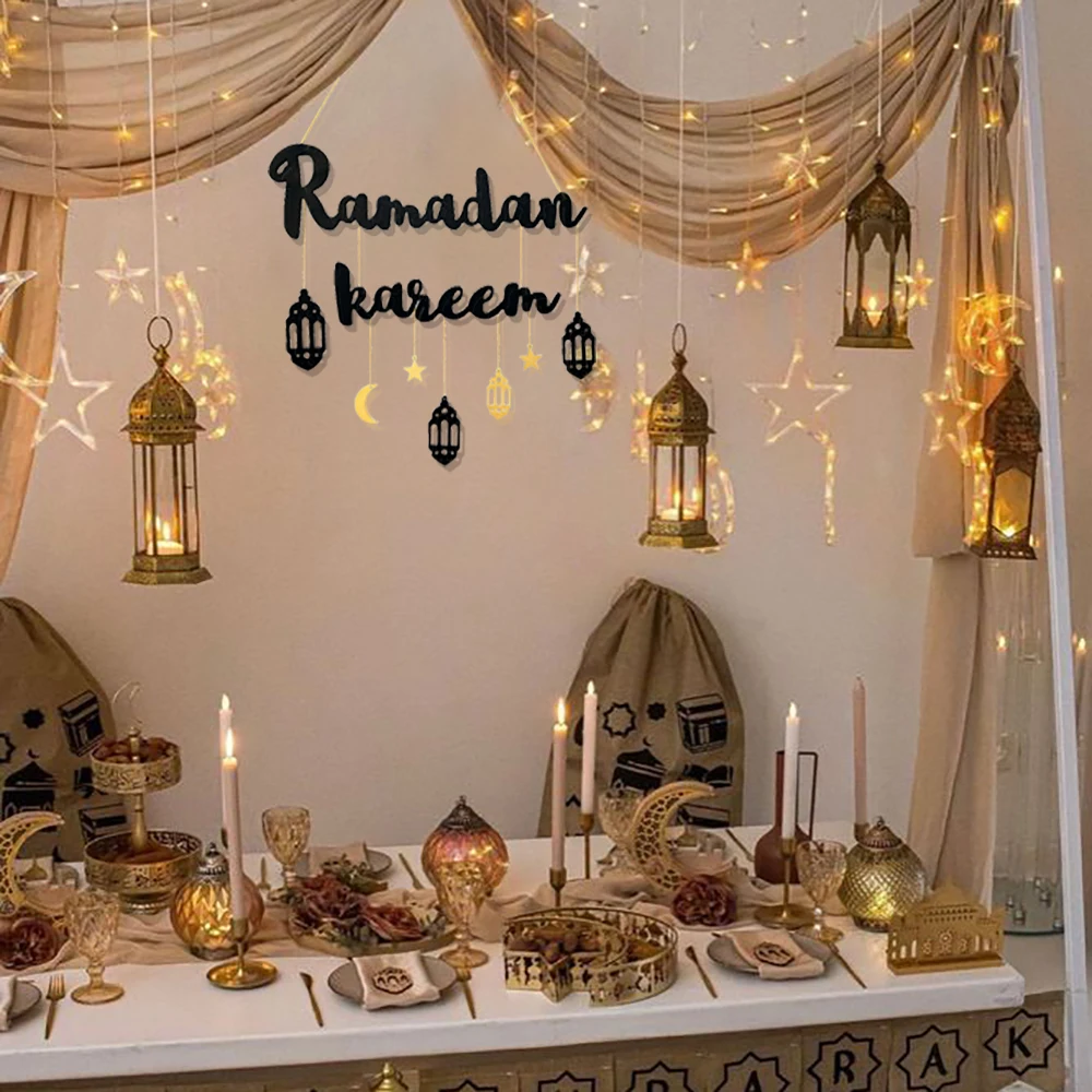 1set Gold Black Ramadan Kareem Wooden Hanging Pendant 2025 Eid Mubarak Ramadan Festival Party Home DIY Decoration Supplies Props