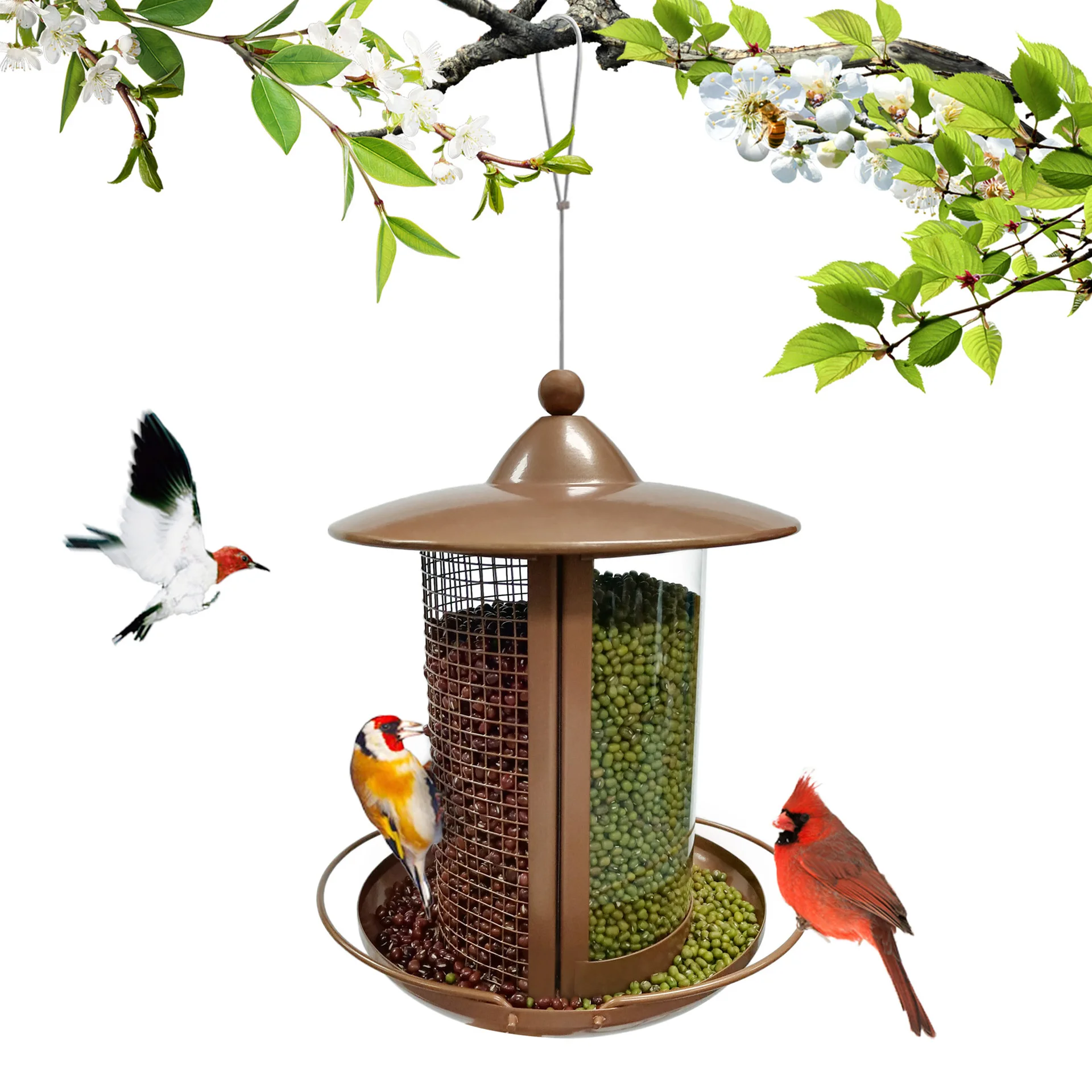 Large Capacity Bird Feeder Hanging Metal Mesh with Copper Holder Wild Outdoor Garden Backyard with Plastic Tube Hopper Feeders