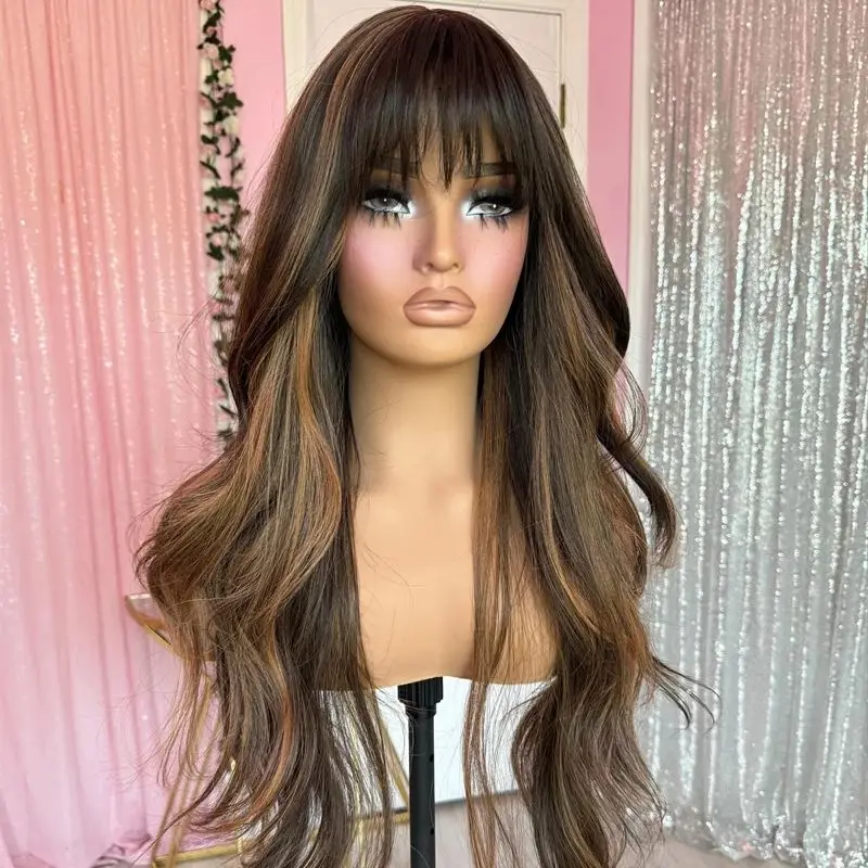 Ombre Blonde Braun Lose Welle Synthetische Lace Front Perücke Mit Pony Für Frauen Realistische