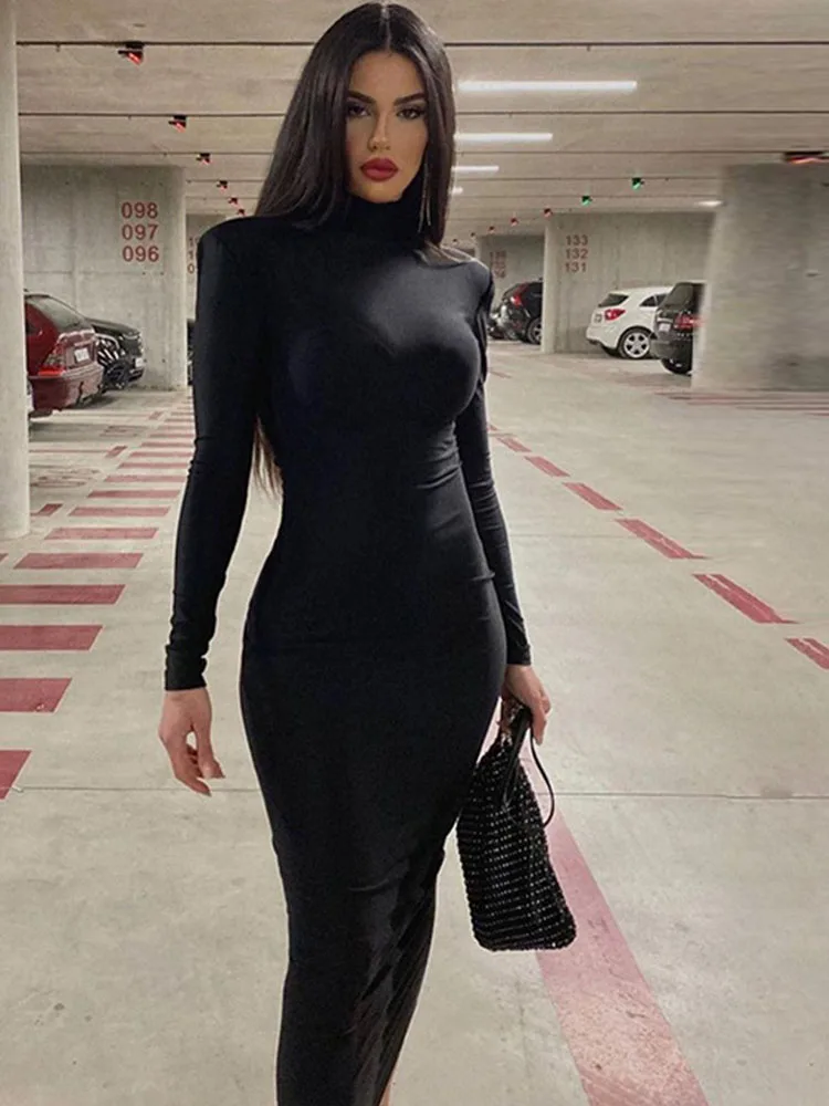 Women 2024 Spring Autumn Fashion Long Sleeve Streetwear Bodycon Black Midi Dress Wholesale Items For Business