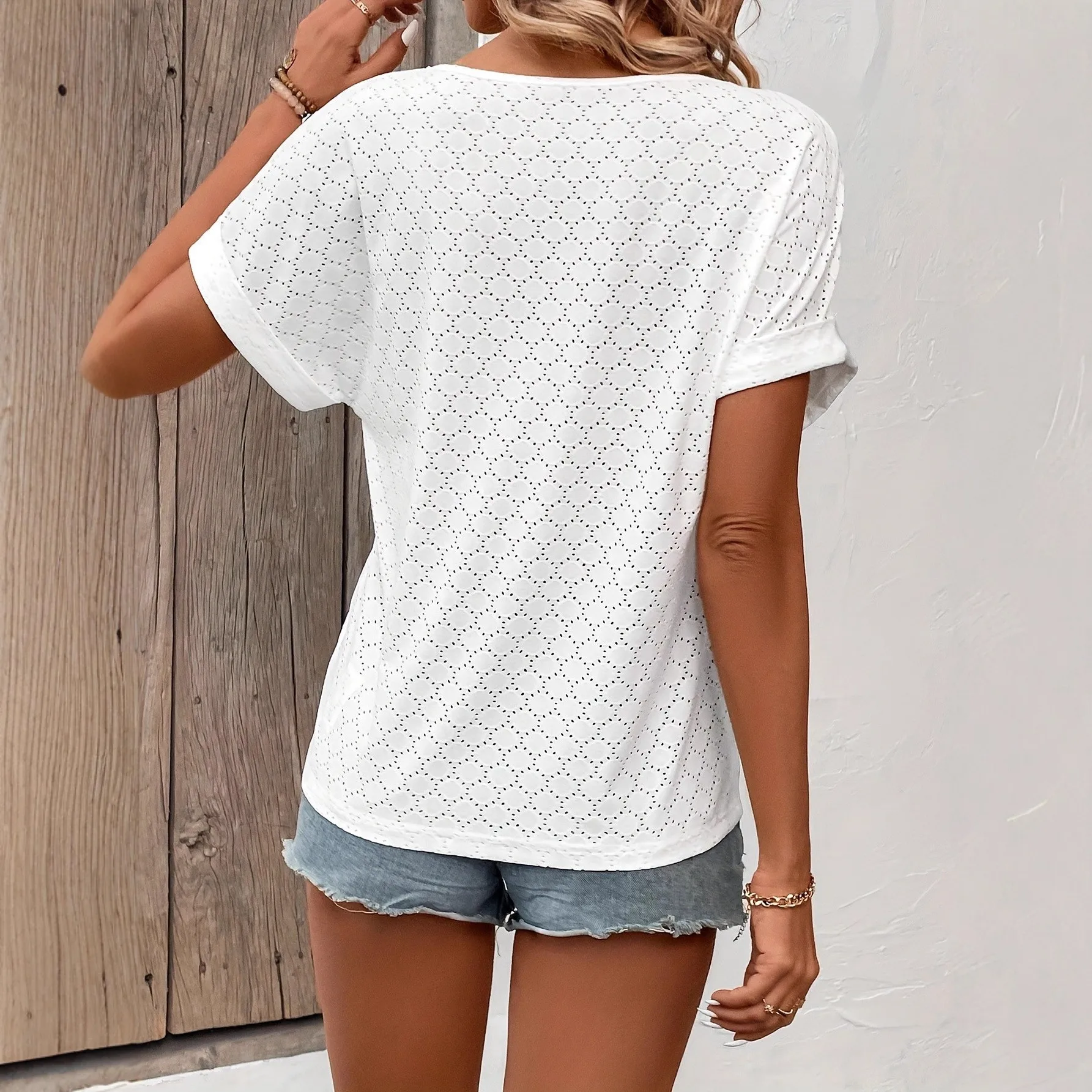 Hollow Out V Neck Top Regular Length Casual with Loose Fit Openwork Pullover Daily Seam Construction T Shirt Travel for Women