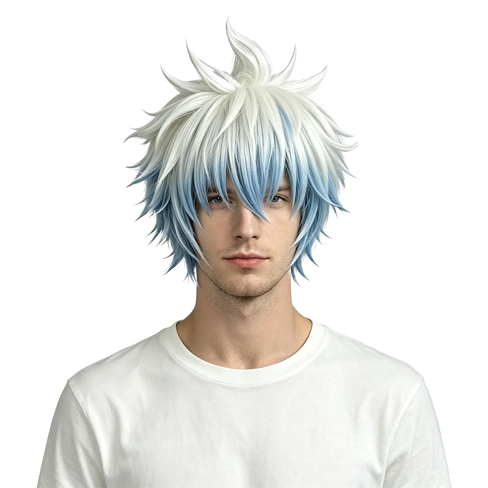 

Unisex White Blue Ombre Short Spiky Cosplay Wig Gintoki Sakata Heat Resistant Wig For Daily Wear Comic Con Halloween Costume
