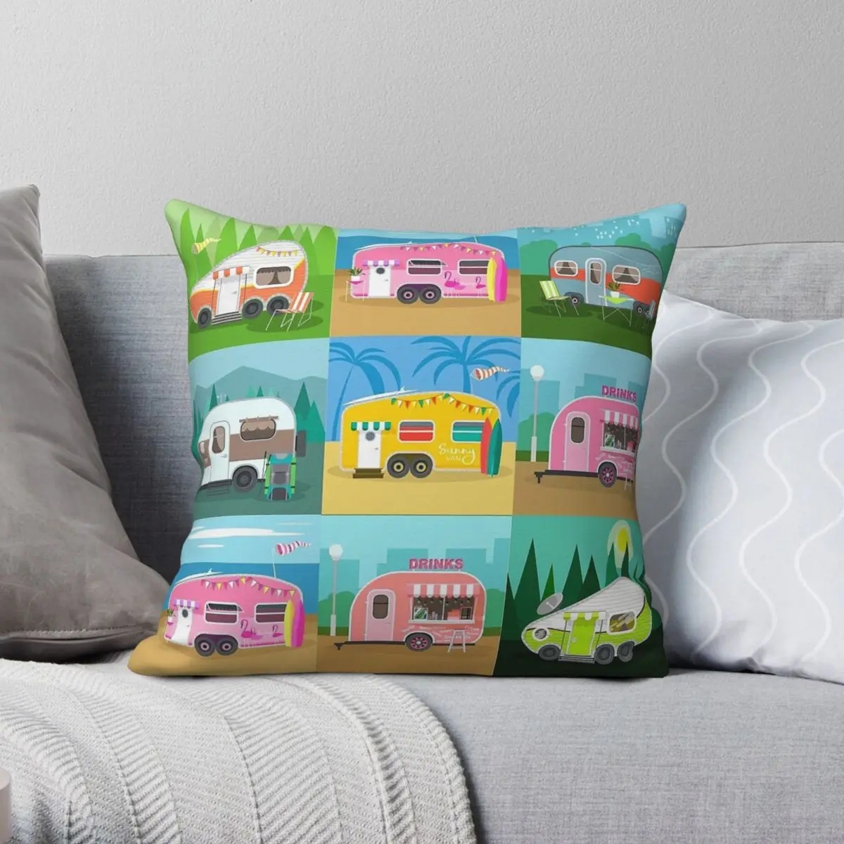 Camping Trailer Caravan Square Pillowcase Polyester Linen Velvet Printed Zip Decorative Pillow Case Sofa Seater Cushion Cover