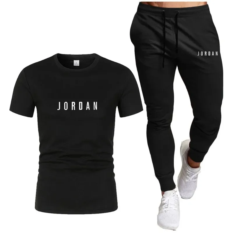 

New summer men's cotton crewneck short-sleeved T-shirt and thin trousers 2-piece fashion jogging men's casual sports suit