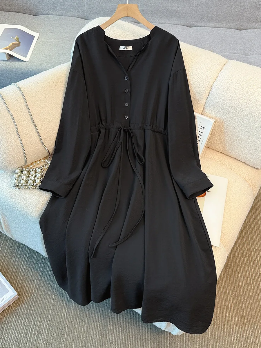 Sukienka damska plus size, rozmiar 150 kg+, biust 157 cm, jesienna, luźna, prosta, z długim rękawem, dekolt w serek, czarna, szara, rozmiary 5XL 6XL 7XL 8XL 9XL