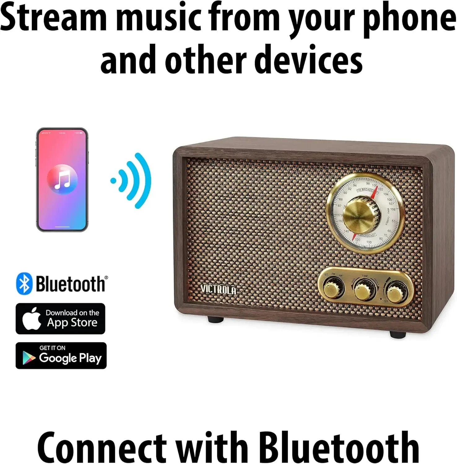 Retro Wood Bluetooth Radio with Built-in Speakers, Elegant & Vintage Design,Rotary AM/FM Tuning Dial,Wireless Streaming,Espresso