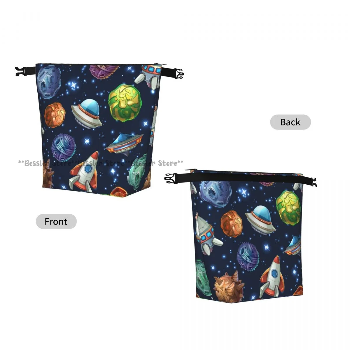 Foldable Roll-Top Thermal Lunch Bag Comic Space With Planets Spaceships Insulation Lunch Box Carrier for Picnic Hiking