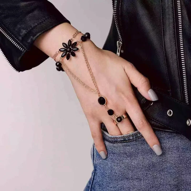 Edles Schwarzes Zirkon-Blumen-Verbindungsring-Armband für Damen, Rot-Grüne Blumen-Gliederkette, Party-Schmuck – Detail 5