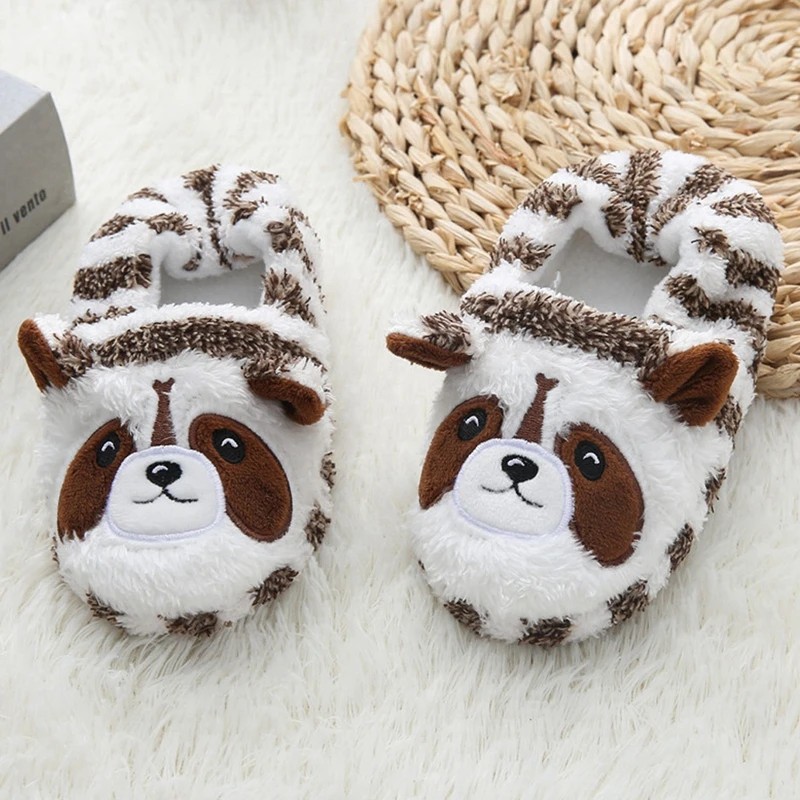 Fashion Toddler Boys Slippers for Winter Baby Loafers Plush Warm Cartoon Raccoon Rubber Sole Children Home Shoes Indoor Footwear